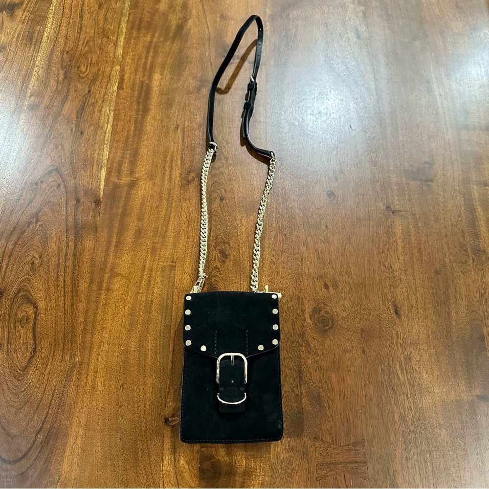Rebecca Minkoff Black Suede Leather Phone Crossbody Gold Studded‎
